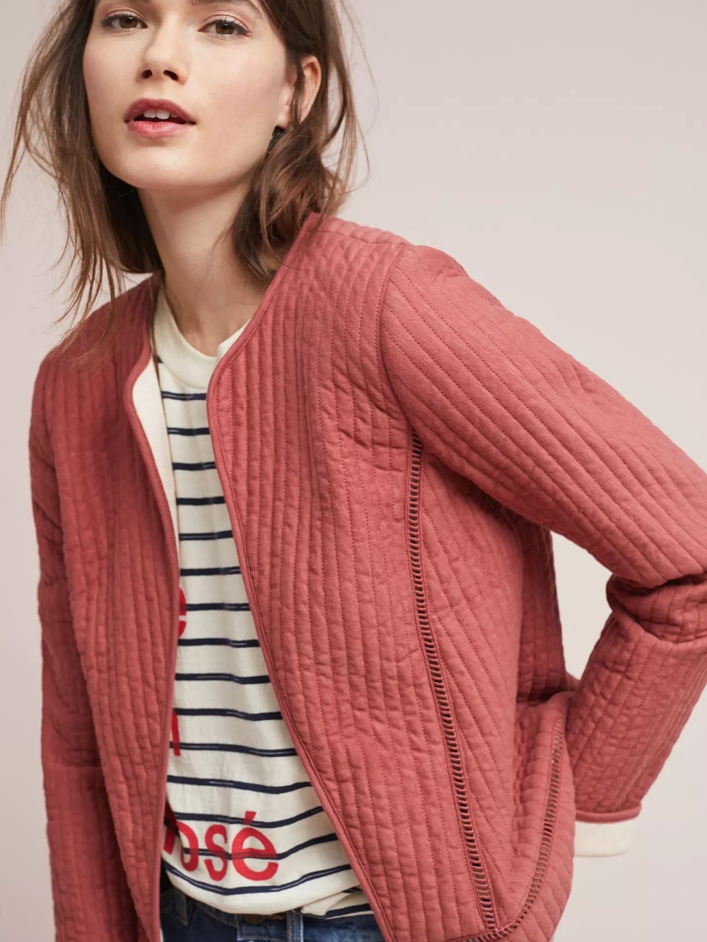 Akemi + Kin Quilted Rust Open Front Jacket Boho Textured Cotton Cardigan Anthro